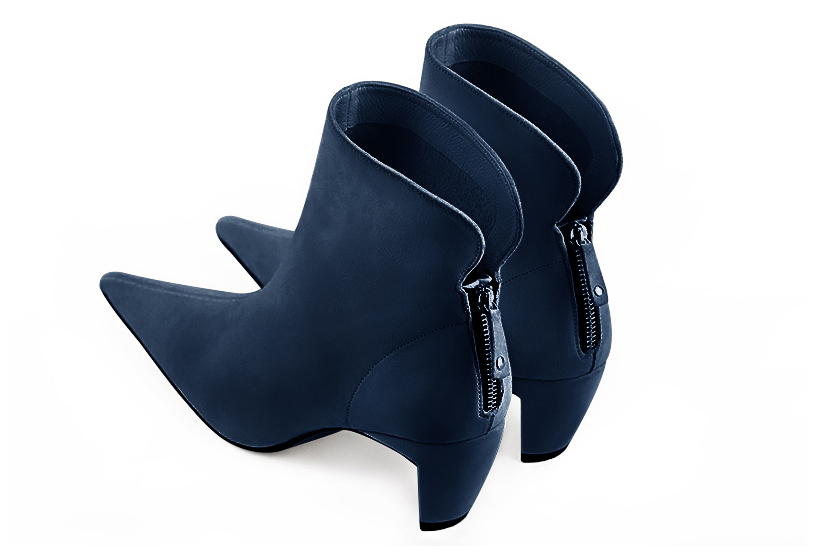 Navy blue women's ankle boots with a zip at the back. Pointed toe. Low comma heels. Rear view - Florence KOOIJMAN